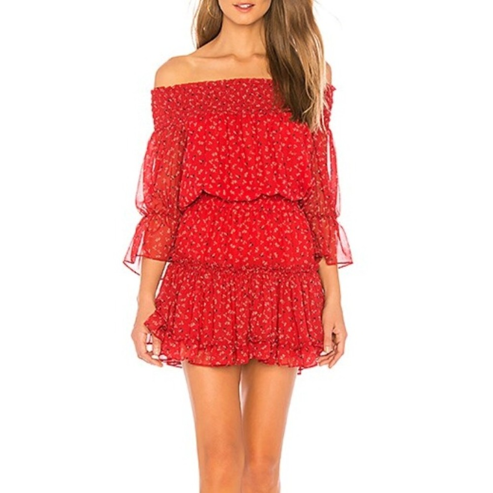MISA Los Angeles Darla Red Floral Smocked Off-the-Shoulder Ruffle Mini Dress S